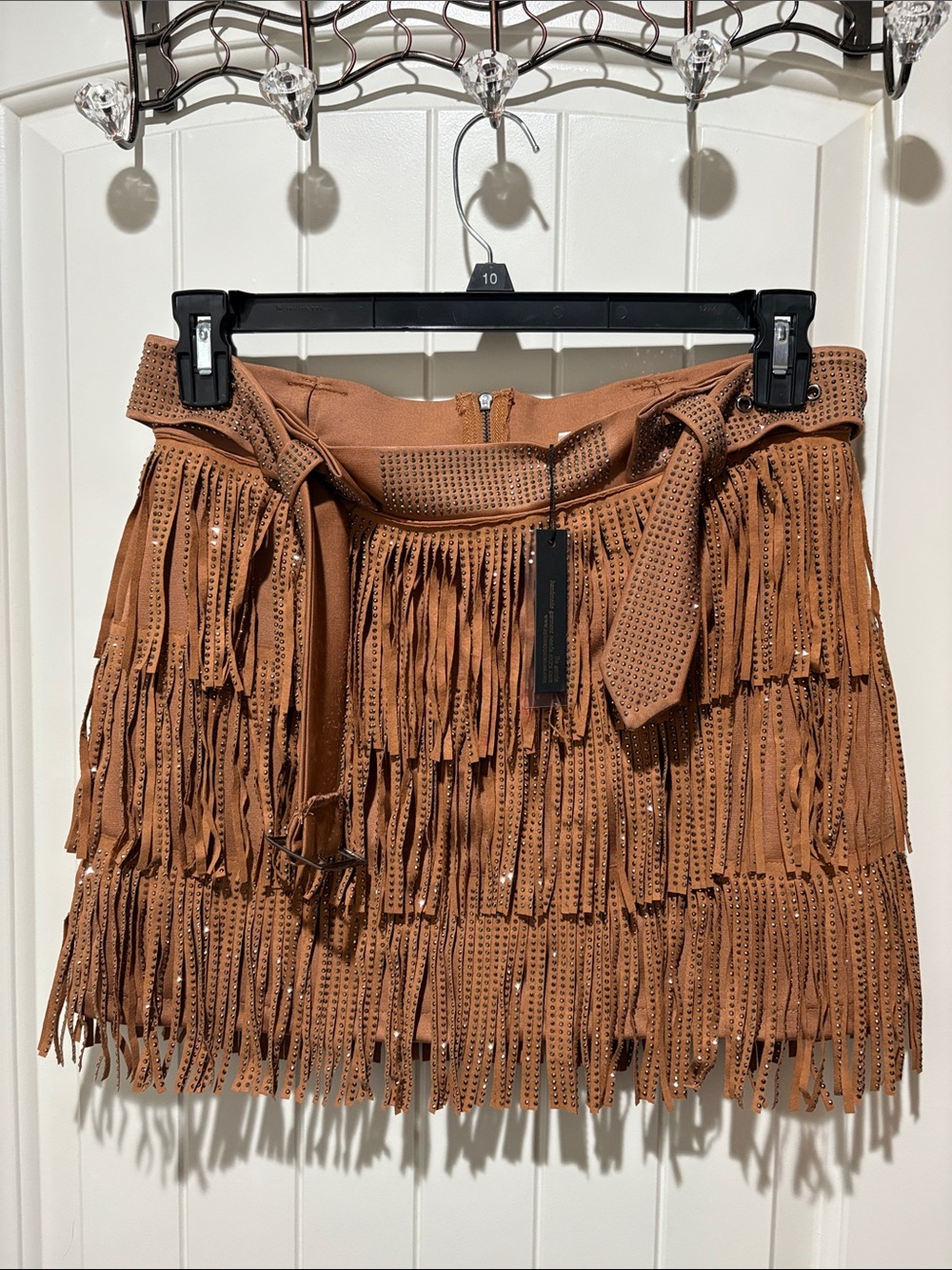 Fringed Suede-Look Mini Skirt in Tan with Waist Tie